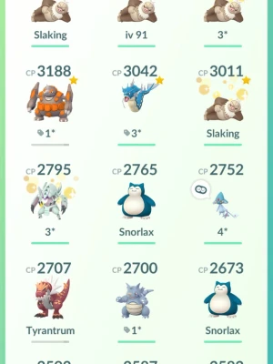 Pokémon GO-konto med starka Pokémon - Säljer ett Pokémon GO-konto med flera starka och sällsynta Pokémon som Slaking, Gyarados, Snorlax, Tyrantrum, Lucario och Metagross. Kontot har många Pokémon med högt CP och olika stjärnmarkeringar. Perfekt för dig som vill ta ditt spelande till nästa nivå!