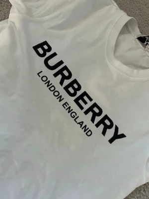 Vit Burberry t-shirt med logga - Snygg vit t-shirt från Burberry med stor svart logga och texten 'London England' på bröstet. Klassisk rund halsringning och korta ärmar. Tillverkad i mjuk bomull för en bekväm känsla. Perfekt för dig som gillar stilrena och exklusiva plagg.Fraktar samma dag eller nästa📦🚚 Aktiv hela tiden✅ hör av dig om du undrar något eller vill ha fler bilder⁉️