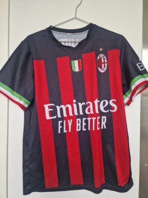 AC Milan matchtröja Ibrahimović 11 - Snygg AC Milan matchtröja med röda och svarta ränder, klubbmärke och sponsortryck på bröstet. Nummer 11 och Ibrahimović på ryggen. Ärmarna har gröna och röda detaljer. Perfekt för fotbollsfans som vill visa sitt stöd för laget.