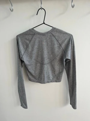 Grå croppad långärmad topp - Snygg croppad topp i ljusgrått med lång ärm och rund hals. Tillverkad i mjukt och stretchigt material, perfekt för en sportig och avslappnad look. Passformen är tight och toppen har en enkel, stilren design utan synliga loggor.