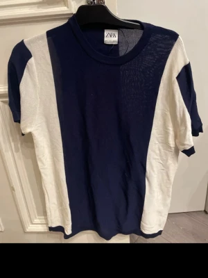Blåvit t-shirt från Zara - Snygg blåvit t-shirt från Zara med breda blockränder. T-shirten har rund halsringning och korta ärmar. Tillverkad i ett mjukt och lätt material som känns skönt mot huden. Perfekt för en avslappnad och trendig stil.