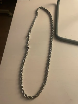 Silverfärgat tvinnat halsband - Säljer ett stilrent halsband i silverfärg med tvinnad kedja. Halsbandet har en enkel och modern design utan hänge och stängs med ett klassiskt lås. Perfekt för dig som gillar minimalistiska accessoarer med lite edge. 55cm 6mm