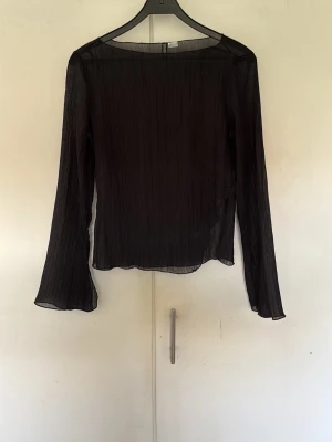 Svart transparent blus från H&M - Stilren svart blus från H&M i transparent, lätt material med diskret plisserad struktur. Blusen har raka, långa ärmar och en enkel rund halsringning. Perfekt att styla lager på lager för en trendig look.