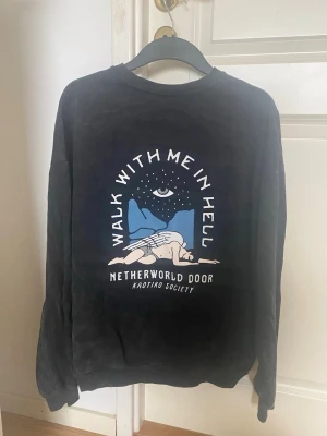 Svart sweatshirt med tryck - Svart sweatshirt med tryck både fram och bak. På ryggen finns ett stort grafiskt tryck med texten 'Walk with me in hell' och 'Netherworld Door', samt en illustration i blått och vitt. Rund hals och avslappnad passform. Storlek XS