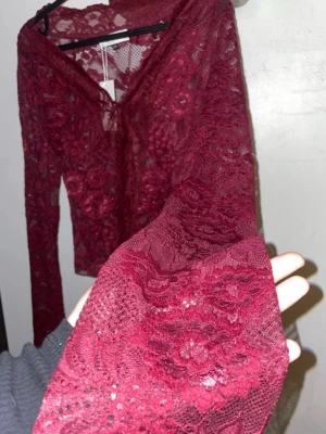 Vinröd spetsblus med vida ärmar - Snygg vinröd långärmad topp i genomskinlig spets med blommigt mönster. Modellen har vida ärmar och en djup v-ringning. Perfekt att styla över ett linne eller bralette för en trendig look.