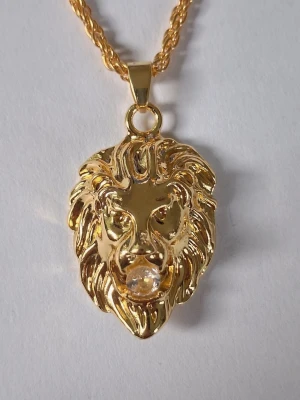 Guldhalsband med lejonhuvud - Snyggt halsband i guldfärgad metall med ett detaljerat lejonhuvud som hänge. Hänget har en rund, glittrande sten infälld vid munnen som ger extra bling. Kedjan är tvinnad och ger ett coolt intryck. Perfekt för dig som vill sticka ut med ett djuriskt statement. Materialet rostfritt stål. 