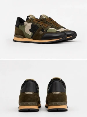 Valentino rockrunners - Snygga sneakers från Valentino med camouflage-mönster i grönt, beige och svart. Skorna har detaljer i mocka och läder, samt bruna skosnören och en beige sula med nitar baktill. Perfekt för dig som vill sticka ut med en cool streetstyle.                                                                                            -Är villig på höra priser även samt byten kan gå med 