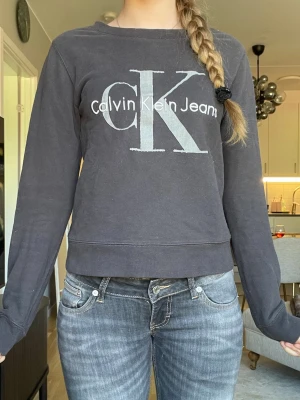 Svart sweatshirt Calvin Klein Jeans - Säljer en svart sweatshirt från Calvin Klein Jeans med stort CK-tryck och logga framtill. Tröjan har rund halsringning och långa ärmar. Perfekt för en avslappnad och stilren look.