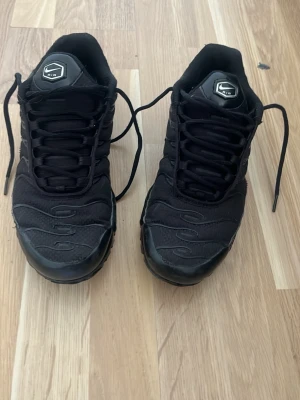 Nike Air Max Plus helsvarta sneakers - Säljer ett par helsvarta Nike Air Max Plus sneakers med klassisk TN-design. Skorna har mesh- och syntetöverdel, synlig Air-dämpning i sulan och svarta snören. Perfekta för dig som gillar sportig och stilren look.