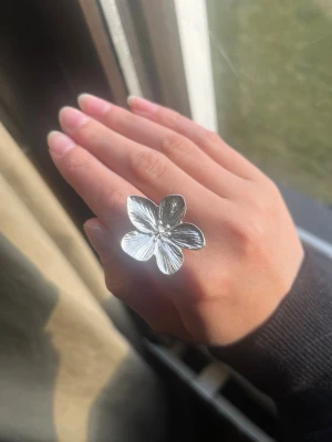 Stor silverfärgad blomring - Säljer en unik och iögonfallande ring i silverfärg med en stor blomma som motiv. Ringen har fem detaljerade blomblad och en blank yta som reflekterar ljuset snyggt. Perfekt för dig som vill ha ett statement-smycke med cool design.