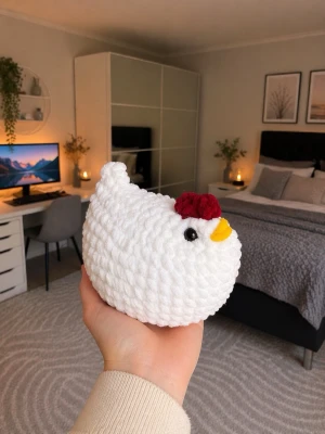 Virkad vit höna🐓 - Söt handvirkad hönsdekoration i mjukt vitt garn med gul näbb, svart öga och röd kam. Perfekt för dig som gillar unika detaljer i rummet. Hönan är rund och fluffig och passar fint på hyllan eller skrivbordet❣️
