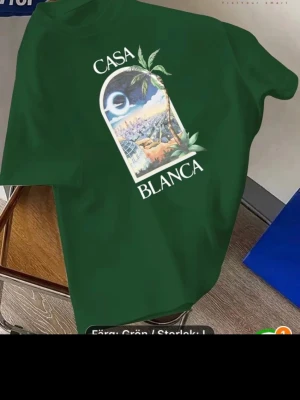 Grön Casa Blanca t-shirt - Snygg grön t-shirt från Casa Blanca med ett stort färgglatt tryck på bröstet som visar ett landskap med palmer och texten 'Casa Blanca'. Finns i alla färger inne det är bara att skriva. Alla är helt nya i helt nytt skick.