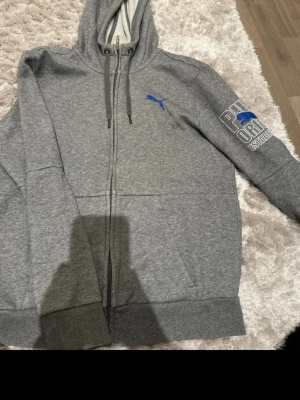 Grått loungewear-set från Puma - Mysigt grått loungewear-set från Puma med dragkedja på hoodien och matchande byxor. Båda delarna har blå Puma-logga och tryck på ärm och ben. Setet har ribbade muddar och mjukt material, perfekt för chill hemma.