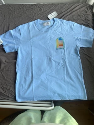 Ljusblå Casa Blanca t-shirt - Säljer en ljusblå t-shirt från Casa Blanca med ett färgglatt tryck på bröstet. T-shirten har rund hals, korta ärmar och är gjord i mjuk bomull. Perfekt för dig som gillar stilrena plagg med en twist.