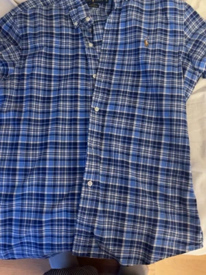 Blårutig skjorta från Ralph Lauren - Säljer en klassisk blårutig skjorta från Ralph Lauren med vit knappstängning och broderad logga på bröstet. Skjortan har krage och är tillverkad i bomull, perfekt för en clean och stilren look.