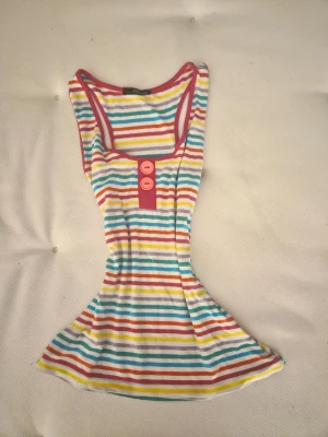 Randigt smalt långt färgglatt linne med knappar - Bara fråga om man är intresserad i bild med plagget på 💞 OBS! har en liten defekt.   Material: 96% viskos, 4% Elastan Märke: Jane Norman Defekter: lite nopprig (kan lätt raka bort eller noppborttagare) -se bild 5 Storlek: S (har inget mått men min gissning) Färg: Multi, vit, rosa Passform: sann till storleken (xs passar super också) Detaljer: 2 knappar, Färglad, Randig (knapparna är endast dekoration