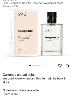 Loris Frequence Oriental Collection parfym - Loris Frequence Oriental Collection Eau de Parfum är en damparfym i en stilren, rektangulär glasflaska med svart kork. Doften har orientaliska inslag och flaskan har en transparent design med tydlig logotyp. Förpackningen är elegant med beige och svart text.