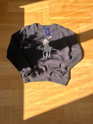 Blå sweatshirt från Polo Ralph Lauren - Snygg blå sweatshirt från Polo Ralph Lauren med stort vitt tryck av den klassiska polospelaren på bröstet. Tröjan har rund halsringning och ribbade muddar vid ärmslut och nederkant. Perfekt för en chill och stilren look.