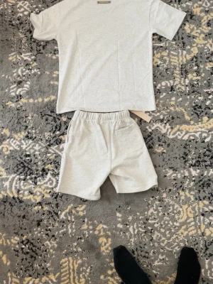 Grått Essentials set med t-shirt och shorts - Säljer ett snyggt grått set från Essentials med t-shirt och shorts. Båda delar har logotypen tryckt på framsidan. T-shirten har rund hals och korta ärmar, medan shortsen har elastisk midja och dragsko. Perfekt för en avslappnad och trendig look.