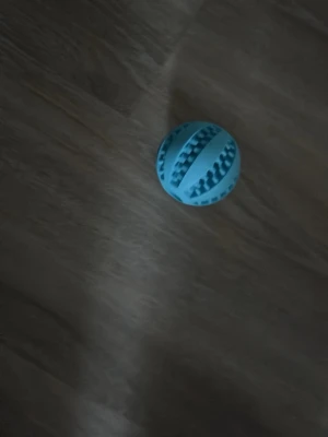 Blå gummiboll med räfflor - En blå boll i gummi med räfflade spår runt om, perfekt för lek eller som aktiveringsleksak till husdjur. Bollen är rund och har en struktur som gör den lätt att greppa och rulla.