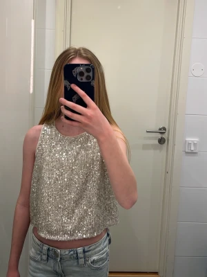 Glittrig silver paljettopp - Säljer en glittrig croppad topp i silver med paljetter över hela framsidan och baksidan. Toppen är ärmlös och har en rund halsringning. Säljer för har inte kommit för användning.