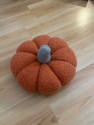 Mjuk kudde formad som pumpa - En fluffig och mjuk kudde i form av en pumpa. Kudden är orange med en grå stjälk och har en gosig, teddy-liknande yta. Perfekt som dekoration till hösten eller för att mysa till det i soffan. 25 cm i diameter