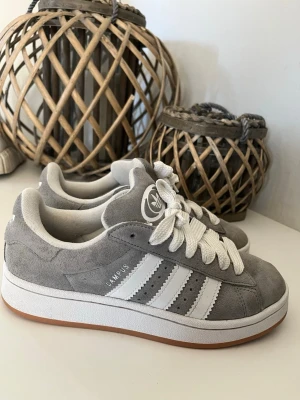 Adidas Campus grå sneakers - Gråa Adidas Campus sneakers i väldigt bra skick, säljer pga inte min still. använda fåtal gånger så därav väldigt rena, storlek 38 och 2/3, passar mig perfekt som vanligt vis bär storlek 38, pris kan diskuteras🫶🏻