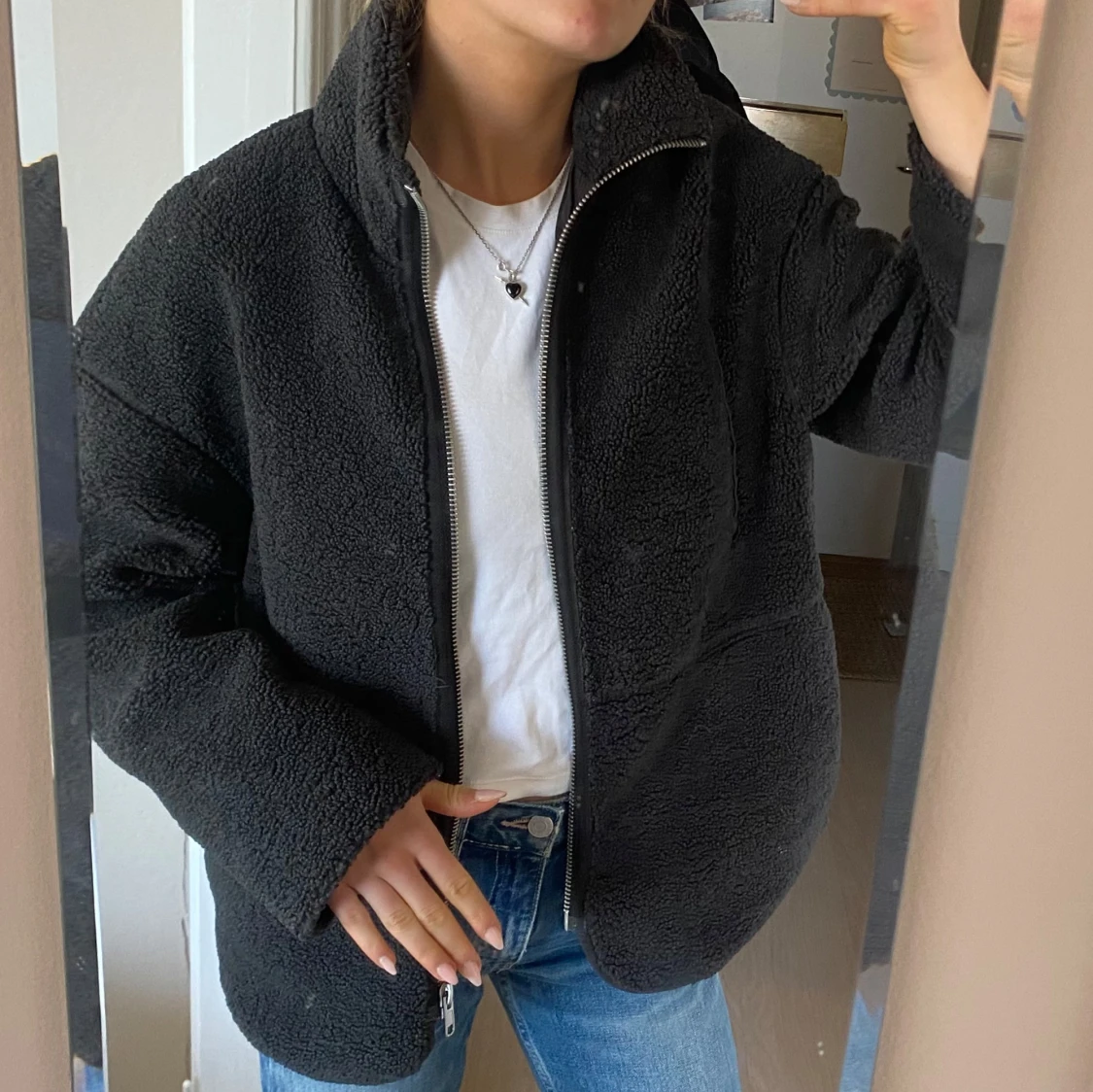 Svart/grå teddyjacka med dragkedja - 91