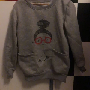 Grå sweatshirt med tryck - Jag säljer en grå tjocktröja med en person med röda glasögon på framsidan. Tröjan har 2 fickor på framsidan. Hela varan är nopprig. Det finns tyvärr ingen lapp för märket eller storlek men den är ungefär M