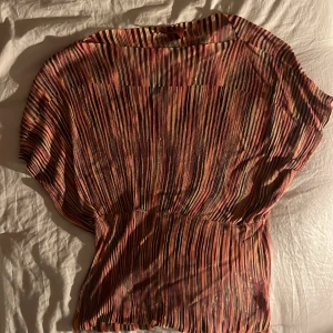 Flerfärgad plisserad topp - Säljer en unik flerfärgad plisserad topp med korta ärmar. Toppen har ett randigt mönster i olika nyanser av rött, orange och svart. Perfekt för att ge en färgglad touch till din outfit!