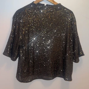 Glittrig topp från H&M - Säljer en superfin glittrig topp från H&M i storlek L, men passar utmärkt till alla storlekar, jag har S och xs och tycker den sitter super. Perfekt för festliga tillfällen med sitt glittrande material och bekväma passform. Toppen har korta ärmar och en lös passform som gör den både stilren och bekväm. Passar perfekt till både jeans och kjol för en glamorös look! (Använt  få antal gånger)!! NY SKICK
