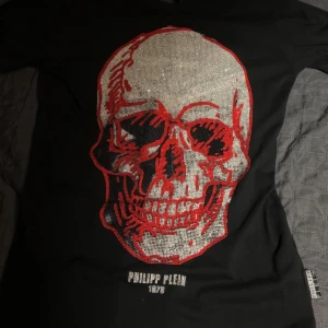 Svart t-shirt med dödskalle från Philipp Plein - Säljer en cool svart t-shirt från Philipp Plein med en stor, glittrig dödskalle i silver och rött på framsidan. Perfekt för en edgy look! T-shirten är i bra skick och har en normal passform. Märkesdetaljer finns på etiketten och en metallplatta på baksidan.
