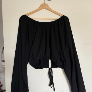 Svart långärmad blus  - Säljer en svart långärmad topp med knytning i ryggen. Toppen har en lös passform och är perfekt för både vardag och fest. Den är tillverkad i ett mjukt och bekvämt material.