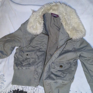 Grå jacka med fuskpäls från Denim Co - Säljer en grå jacka från Denim Co med fuskpäls på kragen. Jackan har långa ärmar och ribbade muddar vid ärmslut och nederkant. Den har två stora fickor med knappar framtill och stängs med dragkedja. Litet riv i pälsen, lätt fixat