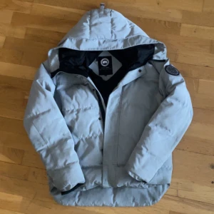 Ljusgrå dunjacka från Canada Goose - Säljer en ljusgrå dunjacka från Canada Goose med huva och dragkedja. Jackan har en quiltad design och en rund logotyp på ärmen. Perfekt för kalla dagar.