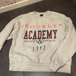 Grå sweatshirt med tryck - Säljer en grå sweatshirt från Gina Tricot med tryck i rött och blått. Tröjan har rund hals och långa ärmar, perfekt för en avslappnad stil. Texten 'Balance & Physics 1997' ger en cool retrovibe. Tröjan är lite knottrig på vissa ställen men annars fin.