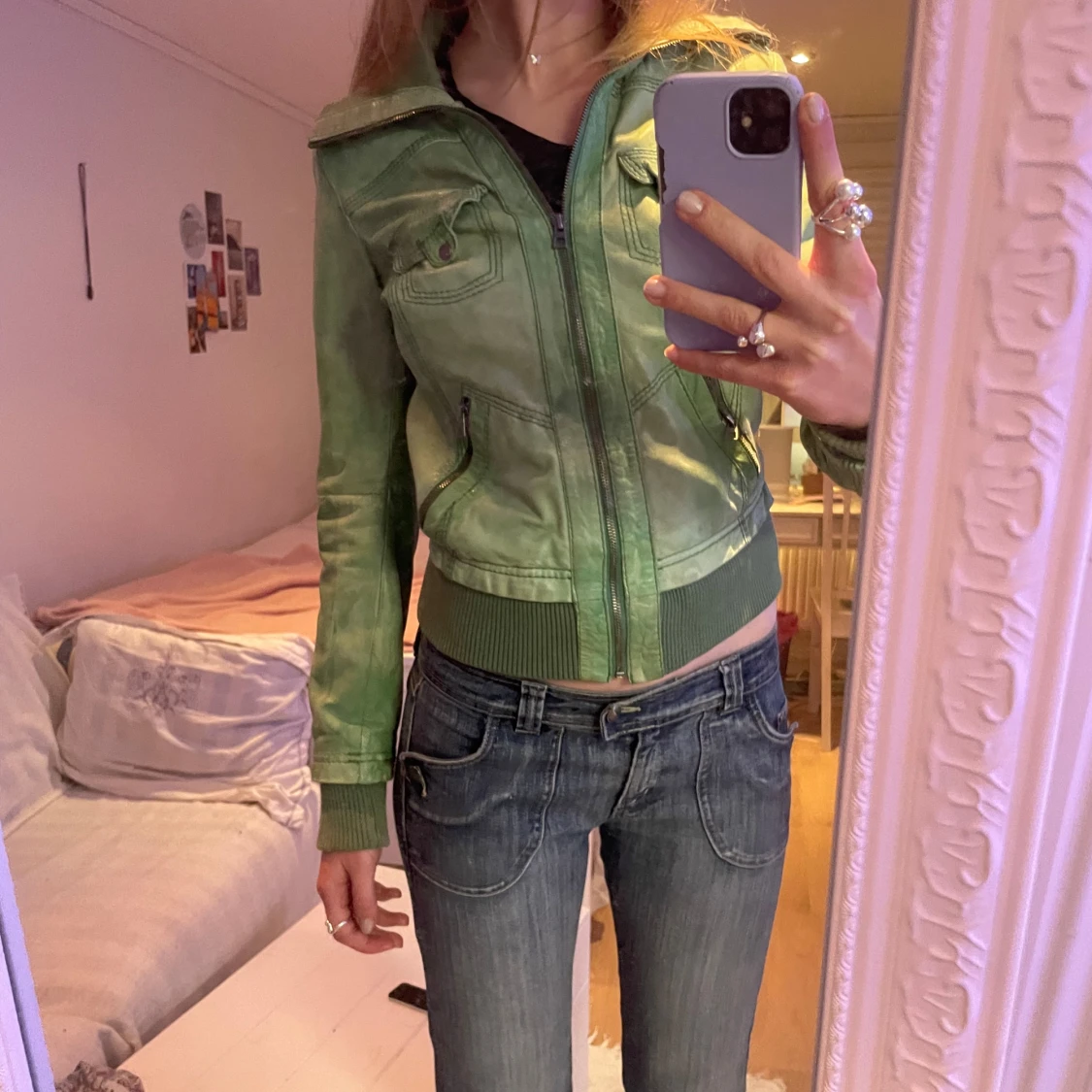 Grön skinnjacka med dragkedja - 90