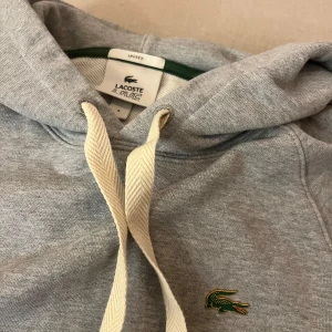 Grå hoodie från Lacoste - Säljer en snygg grå hoodie från Lacoste i mycket bra skick. Den har en klassisk känguruficka och justerbar huva med vita snören. Perfekt för både höst och vår, och den ikoniska krokodilloggan ger en stilren touch. Passar både killar och tjejer!