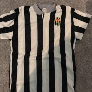 Retro Juventus t shirt - Klassisk Juventus fotbollströja med svartvita ränder och grå krage. Tröjan har korta ärmar och ett Juventus-emblem på bröstet. På baksidan finns namnet 'R. Baggio' och nummer 10 i rött. Perfekt för samlare eller fans av italiensk fotboll.