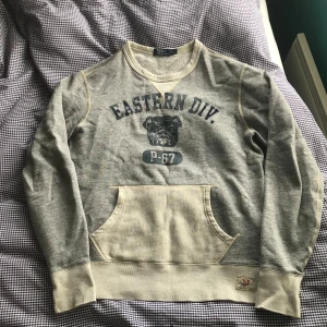  Polo Ralph Lauren tröja - Säljer en grå sweatshirt från Polo Ralph Lauren med tryck 'Eastern Div. P-67' och en bulldog på framsidan. Tröjan har en känguruficka och ribbade muddar vid ärmslut och nederkant. Perfekt för en avslappnad stil.
