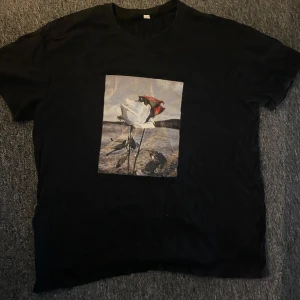 Svart t-shirt med konstmotiv - Säljer en svart t-shirt med ett unikt konstmotiv på framsidan. T-shirten har en normal passform och korta ärmar, perfekt för en avslappnad stil. Motivet ger en konstnärlig touch till din outfit. Köpt på herr men passar båda