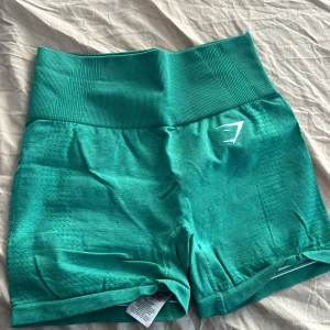 Gröna träningsshorts från Gymshark - Snygga gröna träningsshorts från Gymshark med hög midja och elastiskt material för optimal komfort. Perfekta för gymmet eller löprundan. De har en diskret logga på framsidan och en tight  passform som framhäver figuren.  Slutaålda på gymshark 