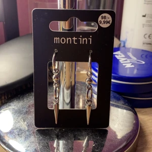 Silvriga örhängen från Montini - Säljer ett par coola silvriga örhängen från Montini. De har en unik design med små kulor och en spetsig detalj längst ner. Använda 1 gång! Nypris 98kr säljer för 45kr