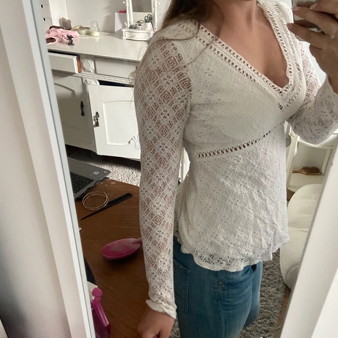 Långärmad vit spets topp - 93