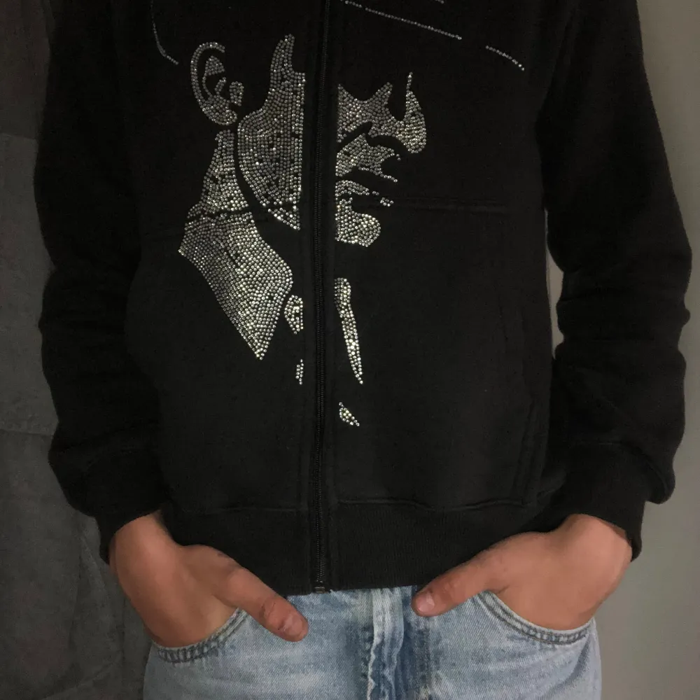 Säljer en svart hoodie från Costino Stockholm i storlek XS. Den har en cool glittrig design på framsidan och dragkedja. Perfekt för en avslappnad stil eller festliga tillfällen. Superbekväm och stilren!. Tröjor & Koftor.