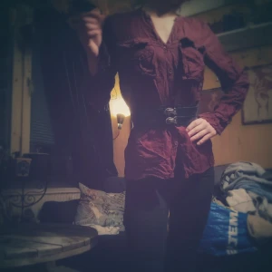 Vinröd blus  - Säljer en snygg vinröd blus med långa ärmar och knappar framtill. Den har två bröstfickor och är perfekt för höst och vinter, och funkar både till vardags och fest. Blusen är i bra skick och redo för nya äventyr! 💃