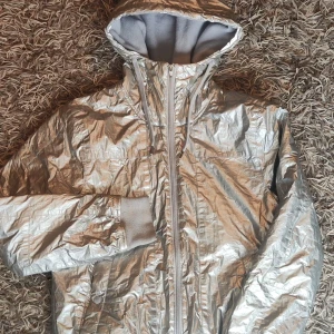 Silverfärgad jacka från H&M - Säljer en cool silverfärgad jacka från H&M. Den har en glansig yta och dragkedja framtill. Jackan är långärmad och har en huva, perfekt för att sticka ut i mängden. Passar bra till både höst och vår. Perfekt för dig som gillar att glänsa! ✨