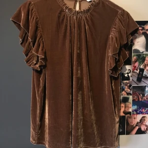Brun sammetsblus från Ellos - Säljer en koppar brun blus i sammet från Ellos. Blusen har volangärmar och en rund halsringning i nacken. 