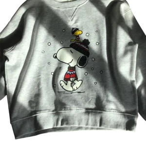 Grå sweatshirt med snoopy - Grå mjuk och värmande sweatshirt med snoopy print med gan kompis på framsidan, storlek 36/S tröjan är oversized med en avslappnande passform. Väldigt bra skick helt ny och oanvänd har testats på men inte mer än så. 
