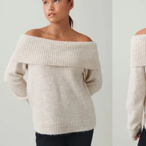 Offshoulder tröjA - Säljer denna jätte mysiga offshoulder tröjan från ginatricot Young. Den är oanvänd 🩷normalt brukar jag ha S i dam storlek i stickade tröjor💗